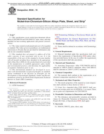 ASTM B536-2019 鎳鐵鉻硅合金(UNS NO8330和UNS NO8332)中厚板、薄板和帶材規(guī)格 Standard Specification for Nickel-Iron-Chromium-Silicon Alloys Plate, Sheet, and Strip