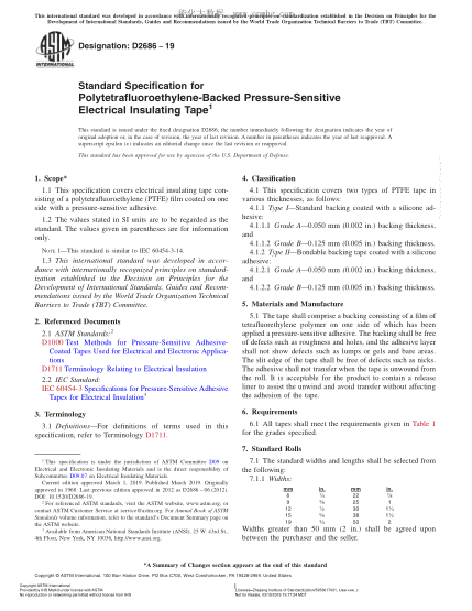 ASTM D2686-2019 聚四氟乙烯為基底的壓敏電絕緣帶規(guī)格 Standard Specification for Polytetrafluoroethylene-Backed Pressure-Sensitive Electrical Insulating Tape