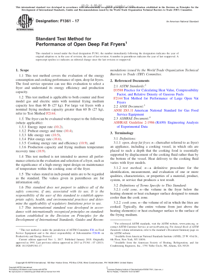 ASTM F1361-2017 敞口式油煎深鍋性能試驗方法 Standard Test Method for Performance of Open Deep Fat Fryers