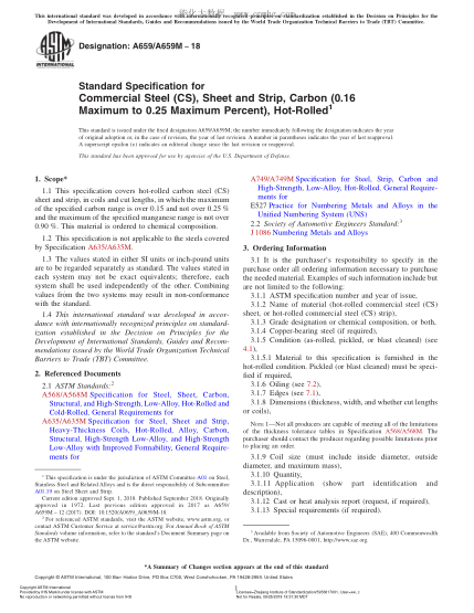 ASTM A659/A659M-2018Standard Specification for Commercial Steel (CS), Sheet and Strip, Carbon (0.16 Maximum to 0.25 Maximum Percent), Hot-Rolled