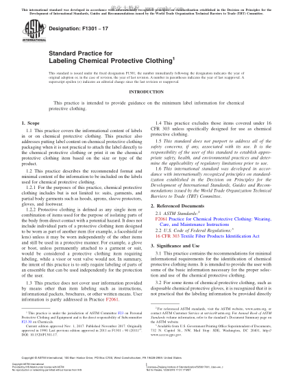ASTM F1301-2017 化學(xué)防護(hù)服標(biāo)簽規(guī)程 Standard Practice for Labeling Chemical Protective Clothing