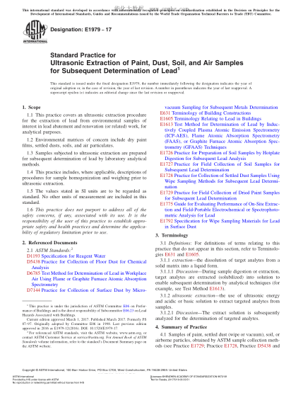 ASTM E1979-2017 后續(xù)鉛測定用涂料、灰塵、土壤和空氣試樣的超聲波提取規(guī)程 Standard Practice for Ultrasonic Extraction of Paint,Dust,Soil,and Air Samples for Subsequent Determination of Lead