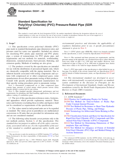 ASTM D2241-2020  Standard Specification for Poly(Vinyl Chloride) (PVC) Pressure-Rated Pipe (SDR Series)