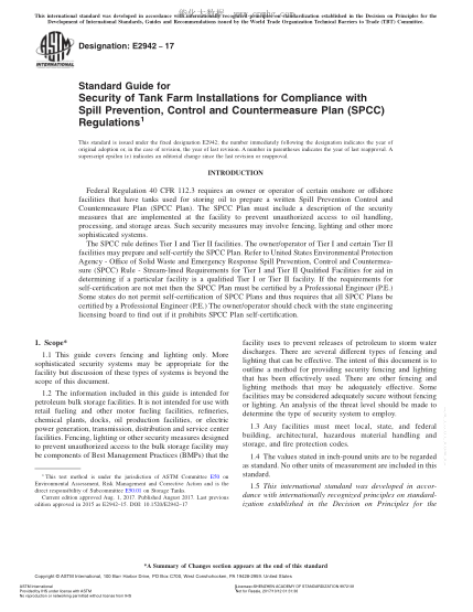 ASTM E2942-2017 符合泄漏預(yù)防、控制及對(duì)策方案規(guī)定的儲(chǔ)罐設(shè)備的安全指南 Standard Guide for Security of Tank Farm Installations for Compliance with Spill Prevention,Control and Countermeasure Plan (SPCC) Regulations
