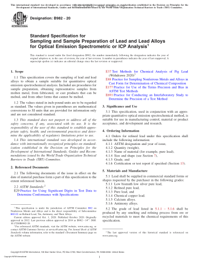 ASTM B982-2020  Standard Specification for Sampling and Sample Preparation of Lead and Lead Alloys for Optical Emission Spectrometric or ICP Analysis