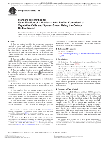 ASTM E3180-2018 用菌落生物膜模型量化營(yíng)養(yǎng)細(xì)胞和孢子含有的枯草芽胞桿菌生物膜的方法 Standard Test Method for Quantification of a Bacillus subtilis Biofilm Comprised of Vegetative Cells and Spores Grown Using the Colony Biofilm Model