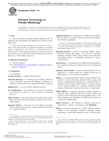 ASTM B243-2019 粉末冶金術(shù)語 Standard Terminology of Powder Metallurgy