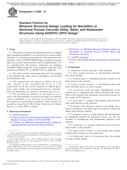ASTM C1889-2021  Standard Practice for Minimum Structural Design Loading for Monolithic or Sectional Precast Concrete Utility, Water, and Wastewater Structures Using AASHTO LRFD Design