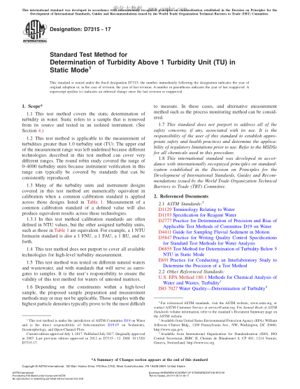 ASTM D7315-2017 測定靜態(tài)模式下大于1個(gè)濁度單位（TU）的濁度的試驗(yàn)方法 Standard Test Method for Determination of Turbidity Above 1 Turbidity Unit (TU) in Static Mode