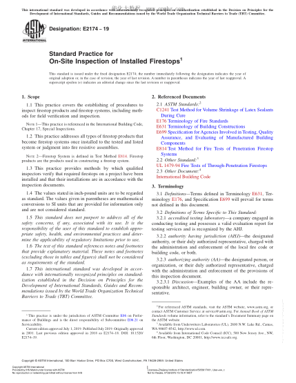 ASTM E2174-2019 已安裝擋火物現(xiàn)場檢測規(guī)程 Standard Practice for On-Site Inspection of Installed Firestops