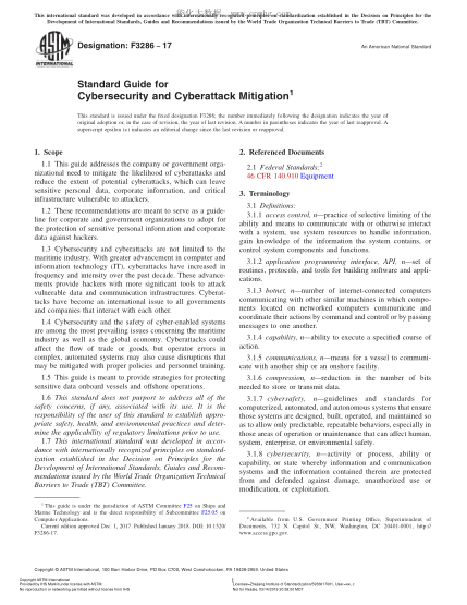 ASTM F3286-2017 網(wǎng)絡(luò)安全和網(wǎng)絡(luò)攻擊緩解指南 Standard Guide for Cybersecurity and Cyberattack Mitigation