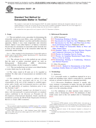 ASTM D2257-2020  Standard Test Method for Extractable Matter in Textiles
