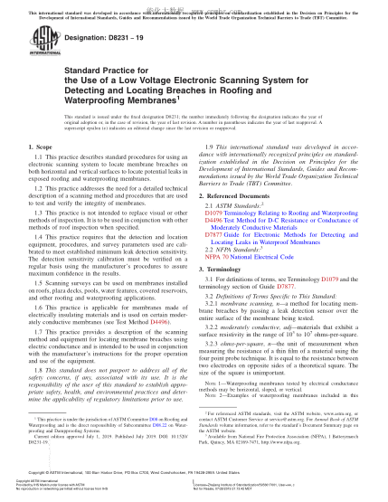 ASTM D8231-2019 屋頂防水膜破口檢測與定位用低壓電子掃描系統(tǒng)的使用規(guī)程 Standard Practice for the Use of a Low Voltage Electronic Scanning System for Detecting and Locating Breaches in Roofing and Waterproofing Membranes