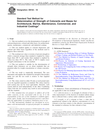 ASTM D8163-2017 建筑、船舶、維修、商業(yè)及工業(yè)涂料著色劑和主要成分測定方法 Standard Test Method for Determination of Strength of Colorants and Bases for Architectural,Marine,Maintenance,Commercial,and Industrial Coatings