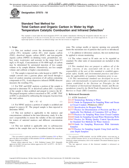 ASTM D7573-2018  Standard Test Method for Total Carbon and Organic Carbon in Water by High Temperature Catalytic Combustion and Infrared Detection