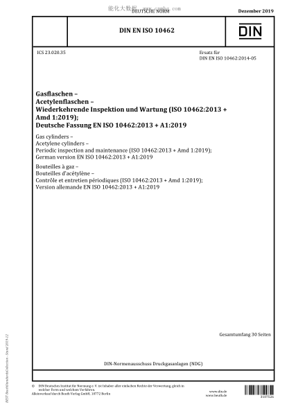 DIN EN ISO 10462-2019  Gas cylinders &ndash; Acetylene cylinders &ndash; Periodic inspection and maintenance