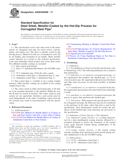 ASTM A929/A929M-2017 波紋鋼管用熱浸金屬鍍層薄鋼板規(guī)格 Standard Specification for Steel Sheet,Metallic-Coated by the Hot-Dip Process for Corrugated Steel Pipe