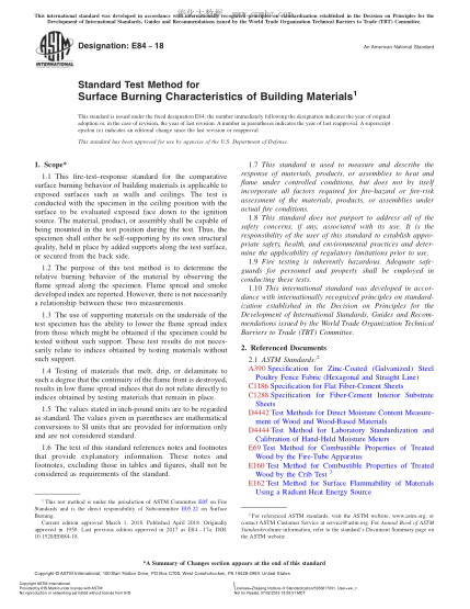 ASTM E84-2018 建筑材料表面燃燒性能試驗方法 Standard Test Method for Surface Burning Characteristics of Building Materials