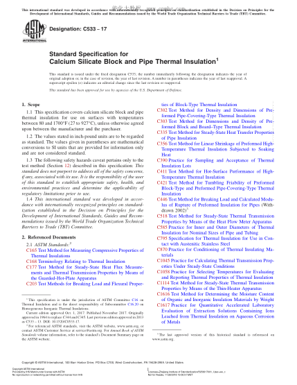 ASTM C533-2017硅酸鈣大磚和保溫管規(guī)格Standard Specification for Calcium Silicate Block and Pipe Thermal Insulation