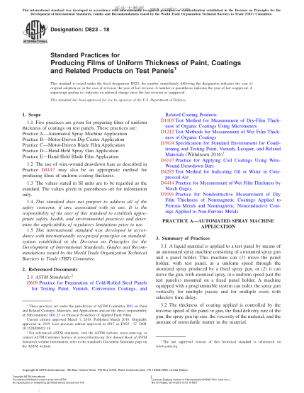 ASTM D823-2018 在試驗(yàn)板上涂上厚度均勻的色漆、清漆及有關(guān)產(chǎn)品漆膜的規(guī)程 Standard Practices for Producing Films of Uniform Thickness of Paint,Coatings and Related Products on Test Panels