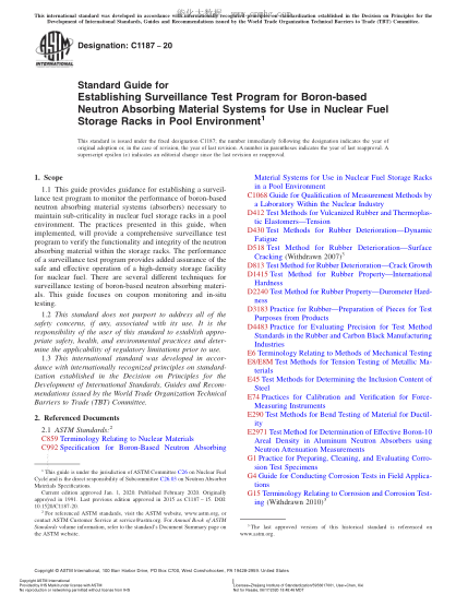 ASTM C1187-2020Standard Guide for Establishing Surveillance Test Program for Boron-based Neutron Absorbing Material Systems for Use in Nuclear Fuel Storage Racks in Pool Environment