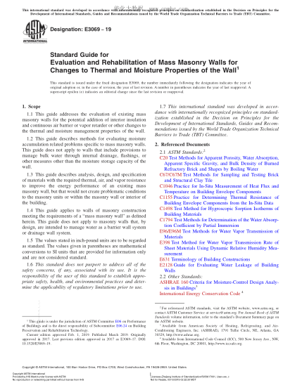 ASTM E3069-2019 實(shí)心砌體墻保溫性與潮濕性評(píng)定及修復(fù)指南 Standard Guide for Evaluation and Rehabilitation of Mass Masonry Walls for Changes to Thermal and Moisture Properties of the Wall