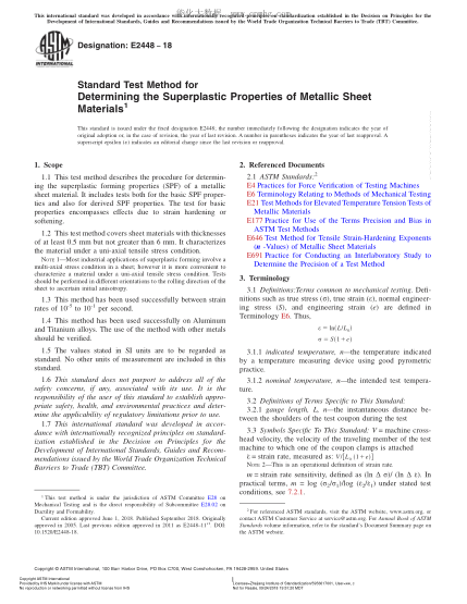 ASTM E2448-2018  Standard Test Method for Determining the Superplastic Properties of Metallic Sheet Materials