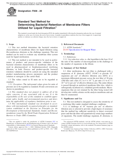 ASTM F838-2020  Standard Test Method for Determining Bacterial Retention of Membrane Filters Utilized for Liquid Filtration
