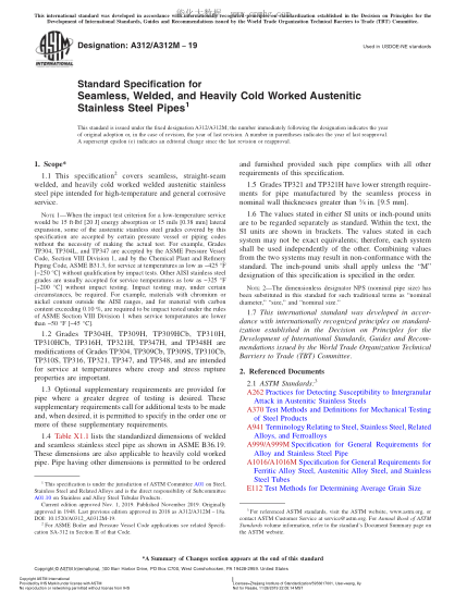 ASTM A312/A312M-2019 冷加工奧氏體不銹鋼焊接管和無縫管規(guī)格 Standard Specification for Seamless, Welded, and Heavily Cold Worked Austenitic Stainless Steel Pipes