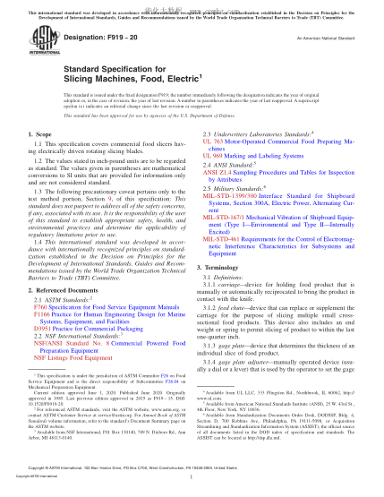 ASTM F919-2020  Standard Specification for Slicing Machines, Food, Electric