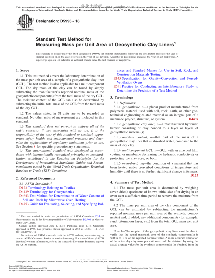 ASTM D5993-2018  Standard Test Method for Measuring Mass per Unit Area of Geosynthetic Clay Liners