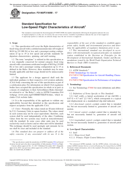 ASTM F3180/F3180M-2017 飛機(jī)低速飛行性能規(guī)范 Standard Specification for Low-Speed Flight Characteristics of Aircraft