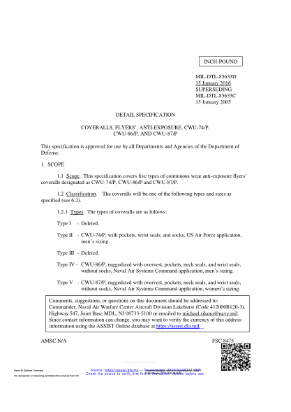 NAVY MIL-DTL-85633D-2016  Coveralls,Flyers' Anti-Exposure,Cwu-74/P,Cwu-86/P,And Cwu-87/P