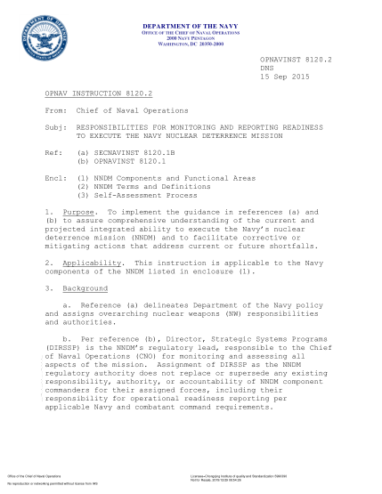 NIDS OPNAV 8120.2-2015  (Dns) Responsibilities For Monitoring And Reporting Readiness To Execute The Navy Nuclear Deterrence Mission
