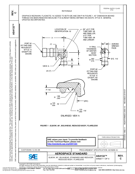 SAE AS4132C-2019  Elbow, 90°, Bulkhead, Standard And Reducer, Reduced Body, Flareless