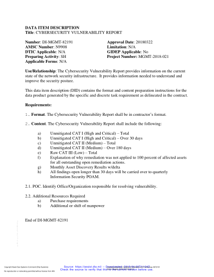 NAVY DI-MGMT-82191-2018  Cybersecurity Vulnerability Report