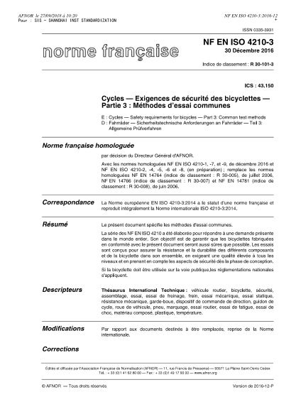 NF R30-101-3-2016   Cycles - Safety requirements for bicycles - Part 3 - common test methods