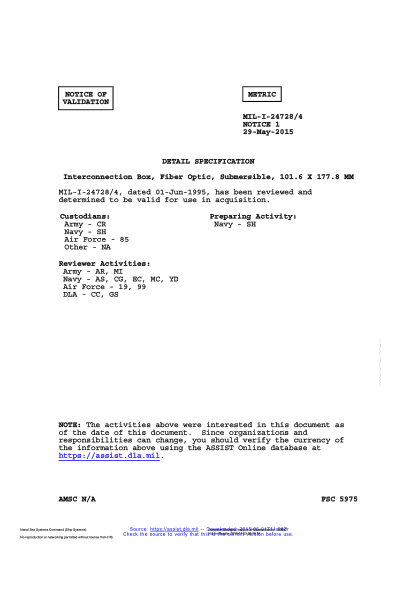 NAVY MIL-I-24728/4 VALID NOTICE 1-2015  Interconnection Box,Fiber Optic,Submersible,101.6 X 177.8 Mm