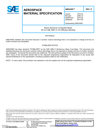SAE AMS4300D-2017  Boron-Aluminum Composite Sheet 50 V/O 5.6B,6061-0,For Diffusion Bonding