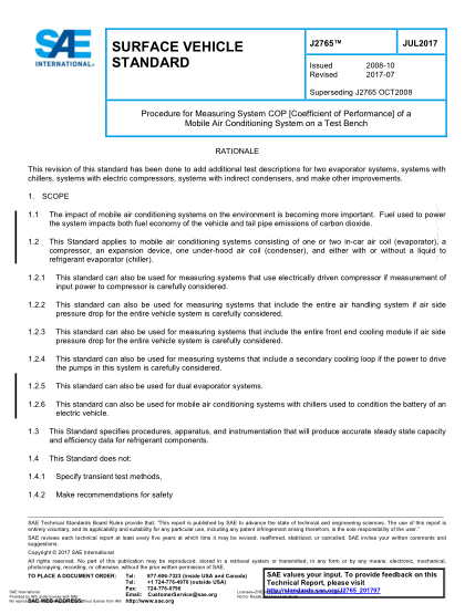 SAE J2765-2017   Procedure For Measuring System Cop [Coefficient Of Performance] Of A Mobile Air Conditioning System On A Test Bench