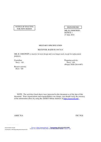 NAVY MIL-R-24008 NOTICE 1-2014  RECEIVER, RADIO R-1047A/A