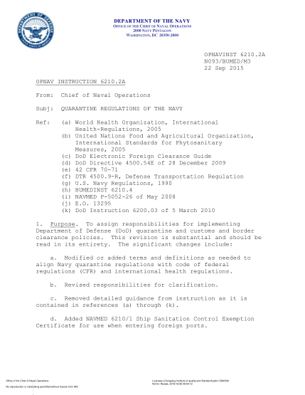 NIDS OPNAV 6210.2A-2015  (N093/Bumed/M3) Quarantine Regulations Of The Navy