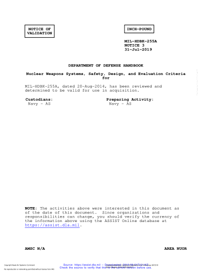 NAVY MIL-HDBK-255A VALID NOTICE 3-2019  Nuclear Weapons Systems, Safety, Design, And Evaluation Criteria For