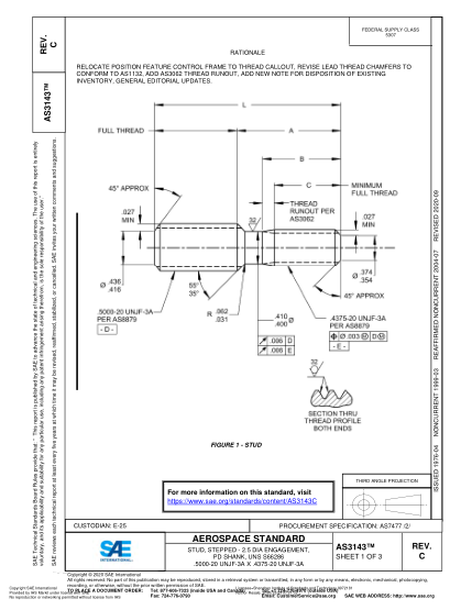 SAE AS3143C-2020  Stud, Stepped - 2.5 Dia Engagement, Pd Shank, Uns S66286 .5000-20 Unjf-3A X .4375-20 Unjf-3A