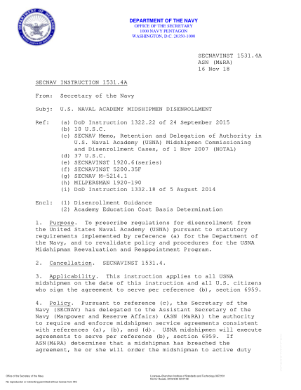 NIDS SECNAV 1531.4A-2018  (Asn (M&Ra)) U.S. Naval Academy Midshipmen Disenrollment