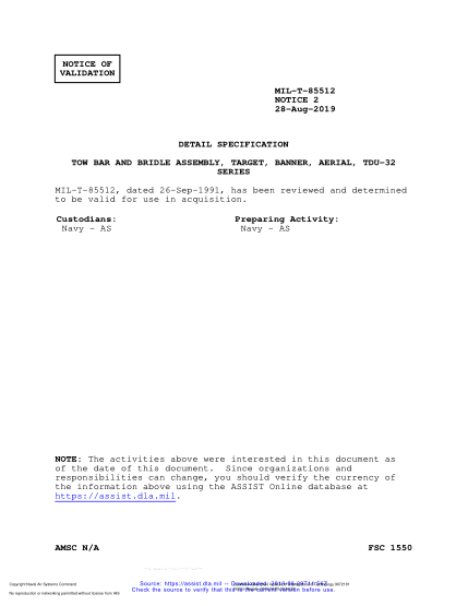 NAVY MIL-T-85512 VALID NOTICE 2-2019  Tow Bar & Bridle Assembly, Target Banner, Aerial, Tdu-32 Series