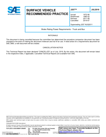 SAE J257-2019  Brake Rating Power Requirements - Truck And Bus