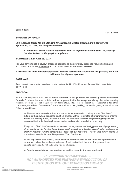 UL 1026 BULLETIN/1-2018  UL Standard For Safety Electric Household Cooking And Food Serving Appliances (Comments Due: June 18, 2018)