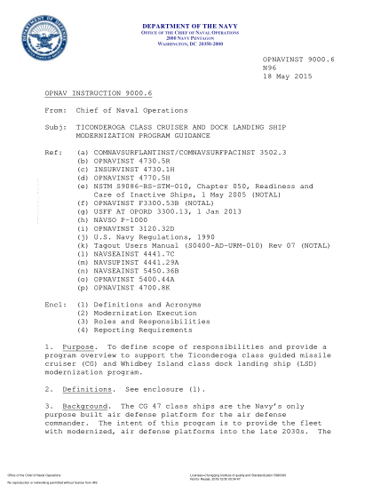 NIDS OPNAV 9000.6-2015  (N96) Ticonderoga Class Cruiser And Dock Landing Ship Modernization Program Guidance