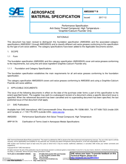 SAE AMS3050/9-2017  Performance Specification Anti-Seize Thread Compound,High Temperature - ‘Graphite+Calcium Fluoride’ Only
